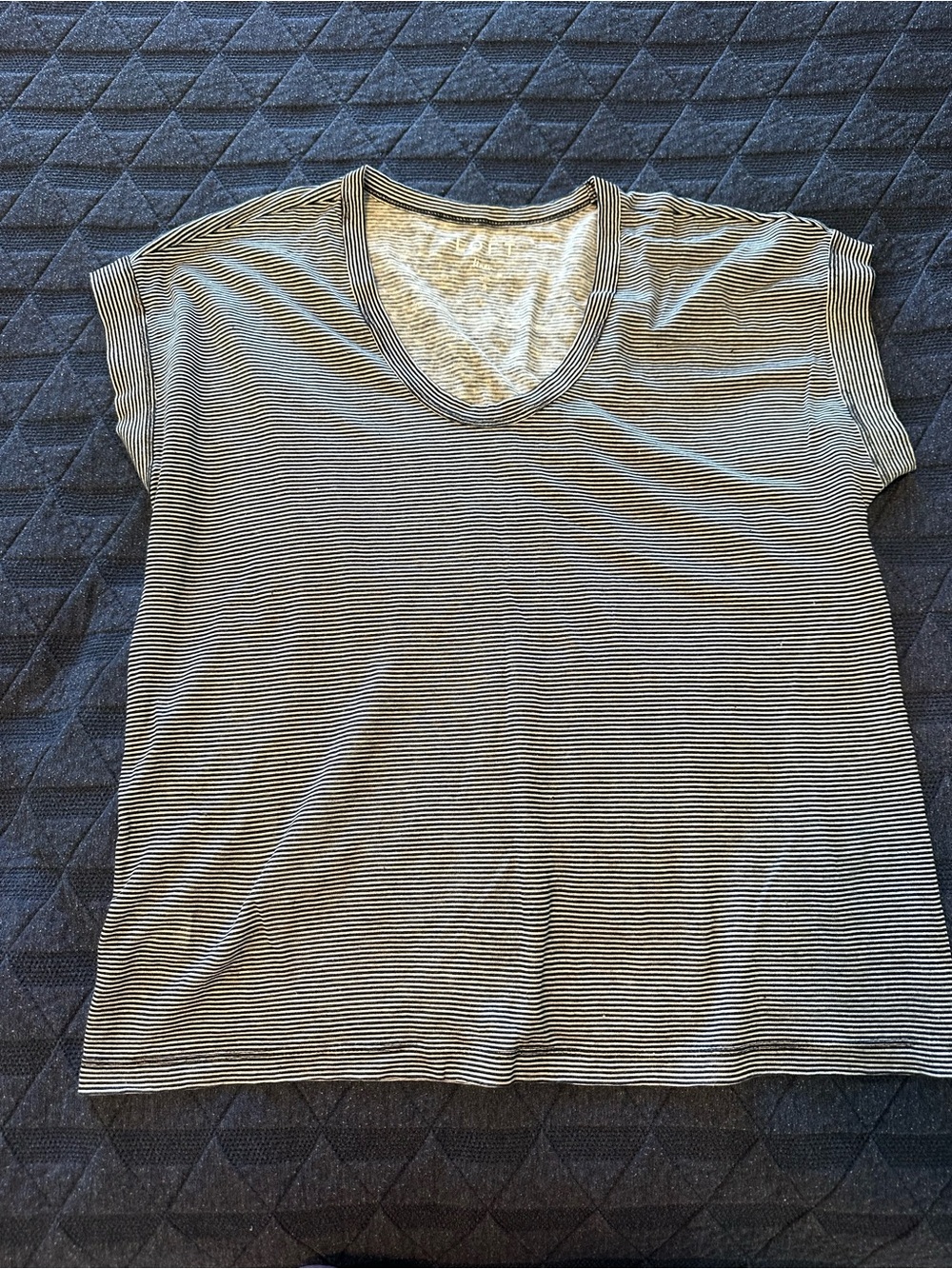 LOFT Navy and White Striped Short Sleeve V-Neck Tee